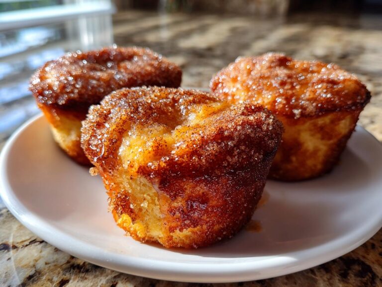 Three golden Cinnamon Sugar French Toast Muffins coated in sparkling cinnamon sugar on a white plate.