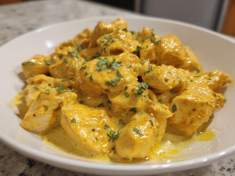 Close-up of bite-sized pieces of coconut lime chicken coated in a rich, yellow-orange sauce and garnished with fresh herbs.