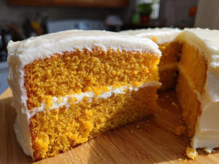 Close-up of a slice cut from a vibrant orange Creamsicle Cake layered with white frosting.