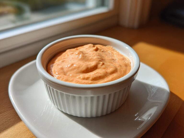 A small white ramekin filled with creamy, orange-tinted big mac sauce, sitting on a white saucer.