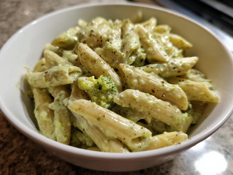 Close-up of creamy penne pasta mixed with green broccoli florets, seasoned with black pepper, making up the broccoli pasta dish.