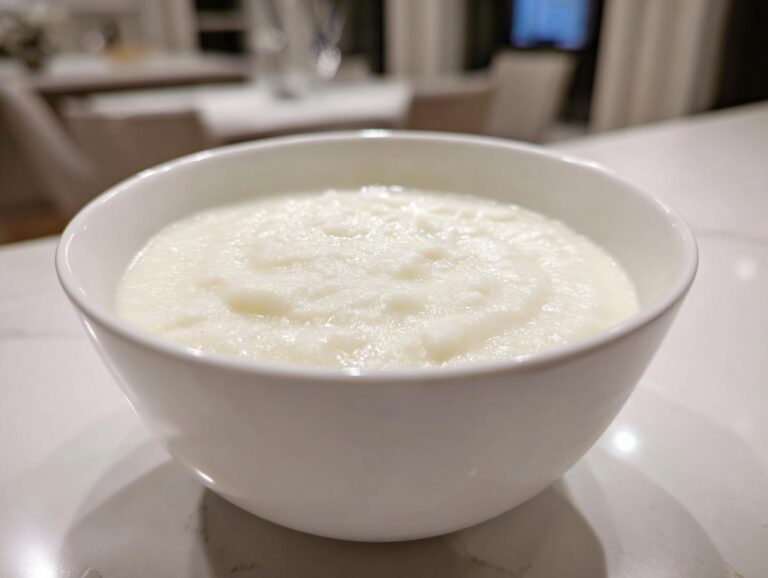 A white bowl filled with smooth, creamy cauliflower soup resting on a light countertop.