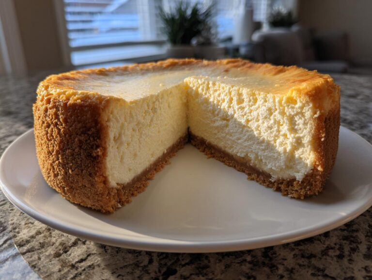 A whole, creamy cheesecake recipe with a slice removed, showcasing the thick graham cracker crust.