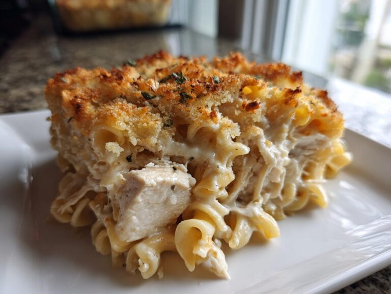 A close-up serving of creamy chicken noodle casserole with a golden, crunchy breadcrumb topping.