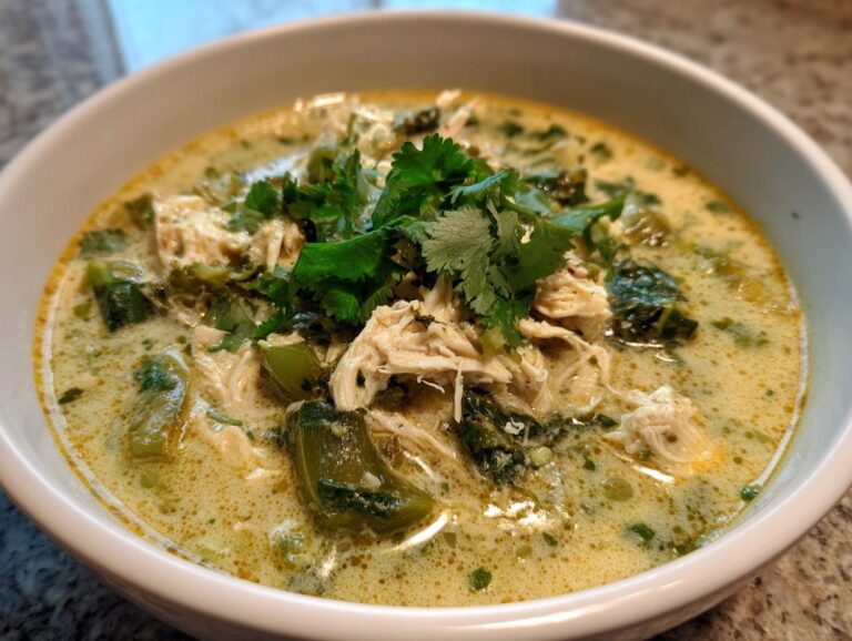 A close-up of a bowl of creamy chicken poblano soup, topped with fresh cilantro.