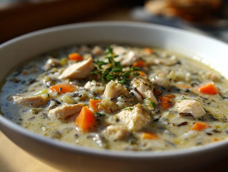 Close-up of a creamy chicken and wild rice soup bowl, featuring chunks of chicken and diced carrots.