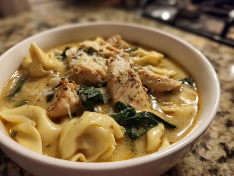 A close-up shot of a white bowl filled with creamy chicken tortellini soup, featuring chunks of chicken and spinach.