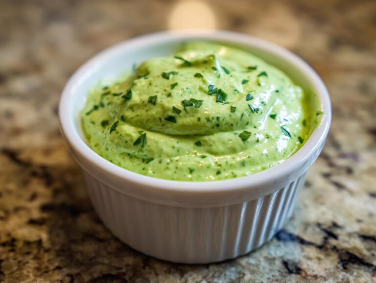 Close-up of thick, bright green cilantro lime sauce topped with chopped herbs in a small white ramekin.