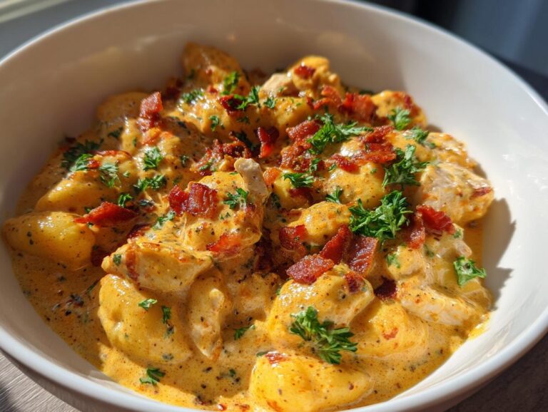 Close-up of creamy crack chicken gnocchi dish topped with bacon bits and fresh parsley in a white bowl.