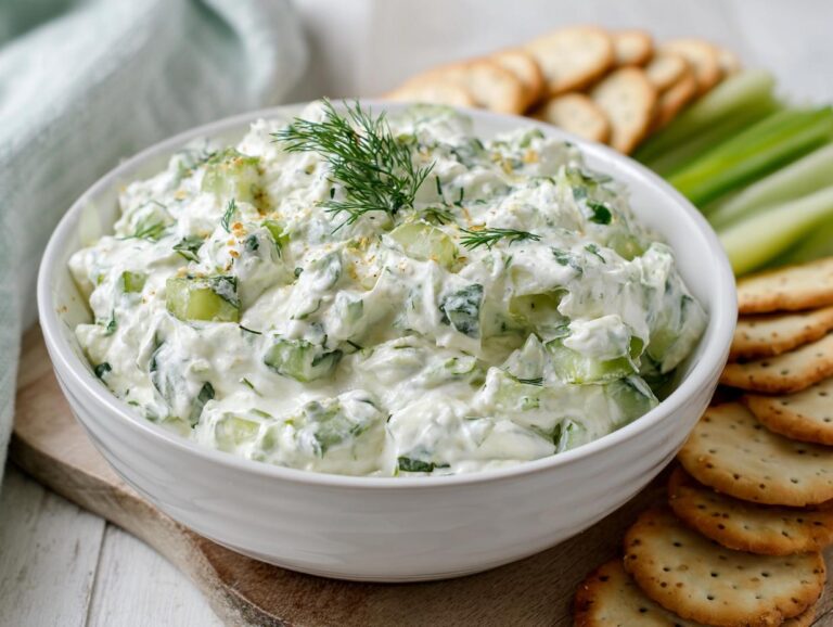 A white bowl filled with creamy dill pickle dip, garnished with fresh dill, served alongside crackers and celery sticks.