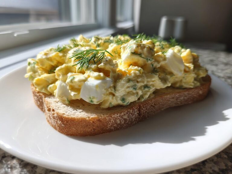 A generous scoop of creamy egg salad recipe piled high on a slice of whole-grain toast, garnished with fresh dill.