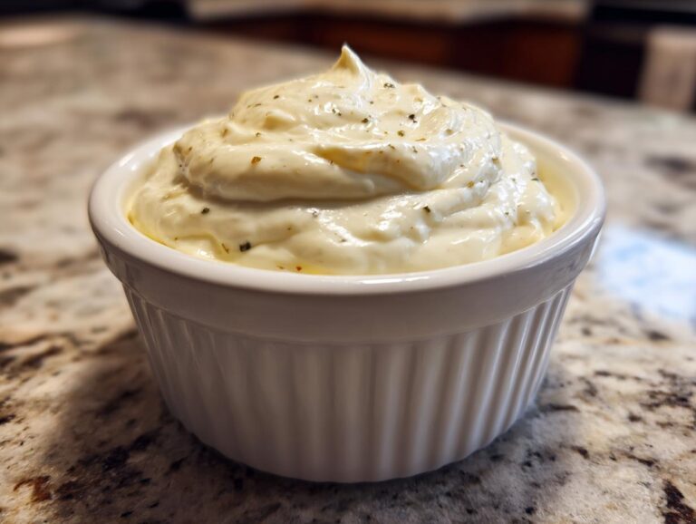 A close-up of creamy, whipped horseradish sauce for prime rib served in a white fluted ramekin.