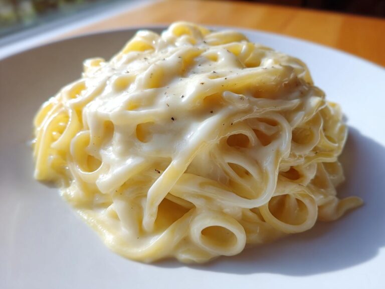 A close-up of fettuccine pasta generously coated in rich, creamy homemade alfredo sauce and sprinkled with black pepper.