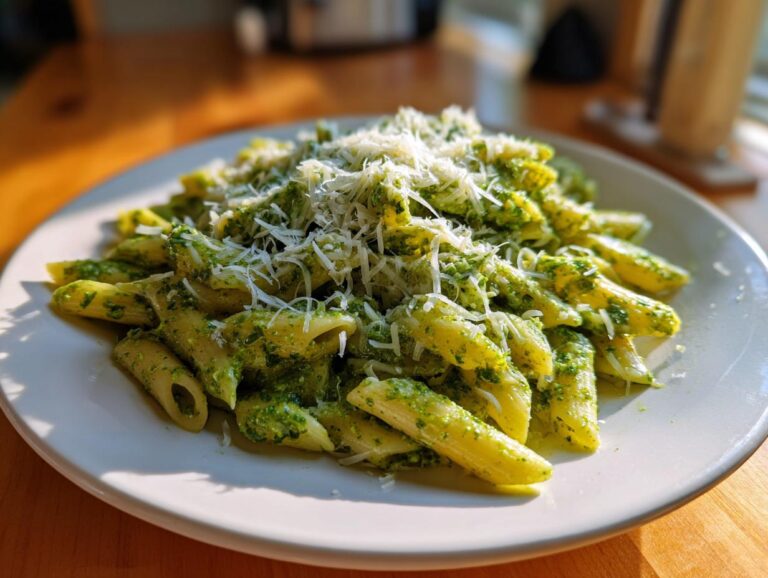 A close-up of creamy pesto pasta (penne) topped generously with grated Parmesan cheese.