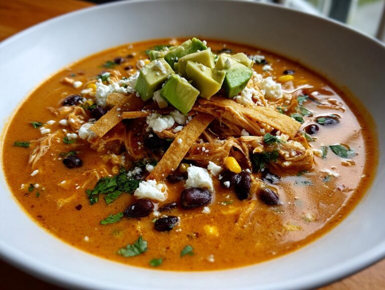 Close-up of a rich, orange-colored tortilla soup recipe bowl filled with shredded chicken, black beans, and topped with avocado.