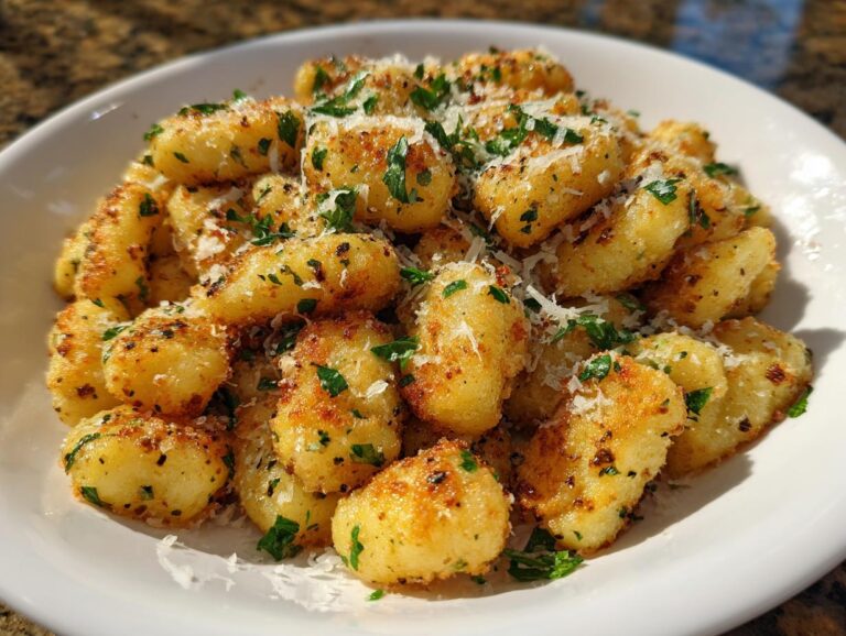 Close-up of golden brown, crispy air fryer gnocchi seasoned with herbs and grated Parmesan cheese.