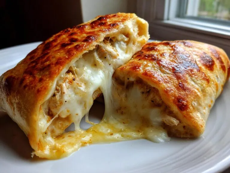 Two halves of a crispy, golden-brown chimichanga spilling melted cheese and shredded chicken filling.