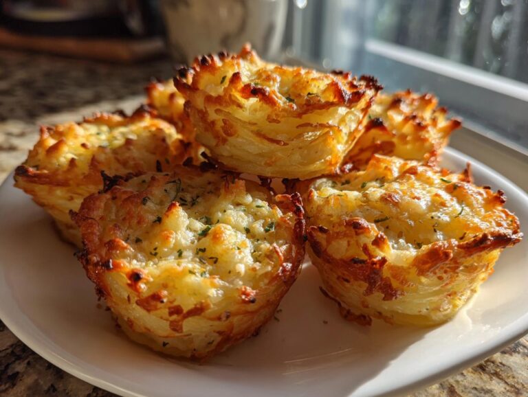 A close-up of several golden brown, crispy Parmesan potato stacks piled on a white plate.