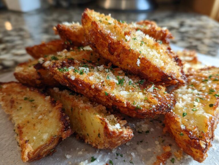 A close-up stack of golden brown, crispy potato wedges topped with grated Parmesan cheese and fresh parsley.
