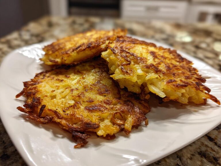Three golden brown, crispy potato pancakes stacked slightly on a white plate, showing shredded texture.
