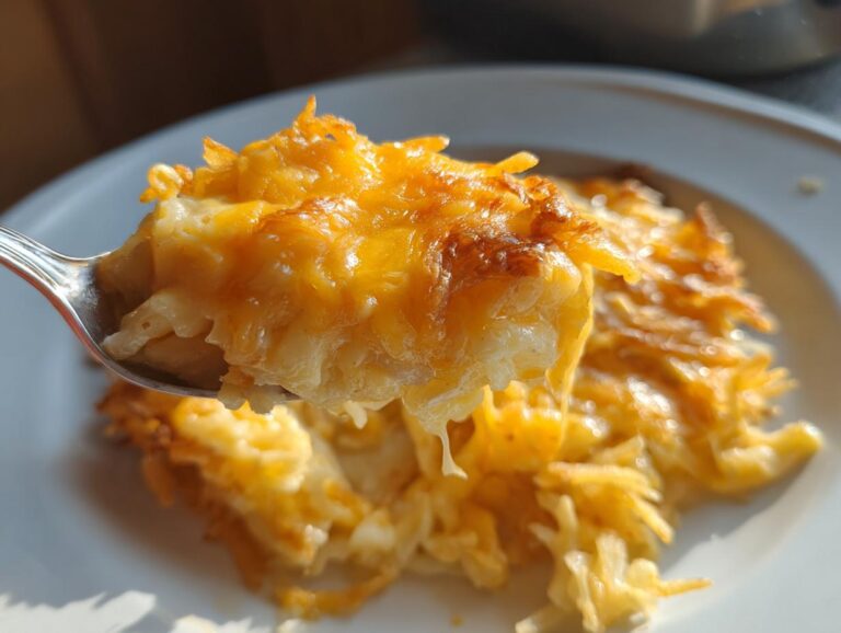 A spoonful of creamy, shredded crockpot cheesy potatoes topped with melted, browned cheddar cheese being lifted from a white plate.