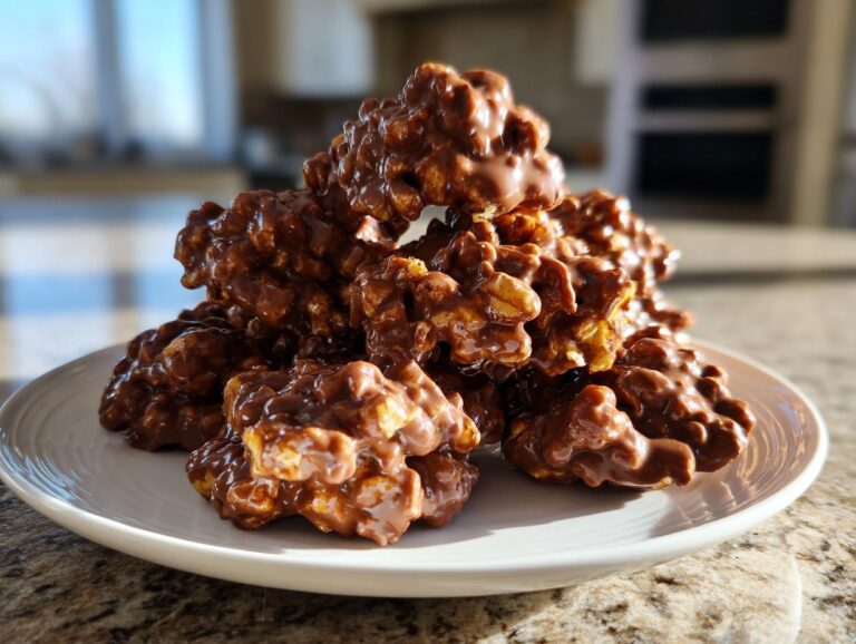 A mound of glossy, chocolate-coated crockpot peanut clusters piled high on a white plate.