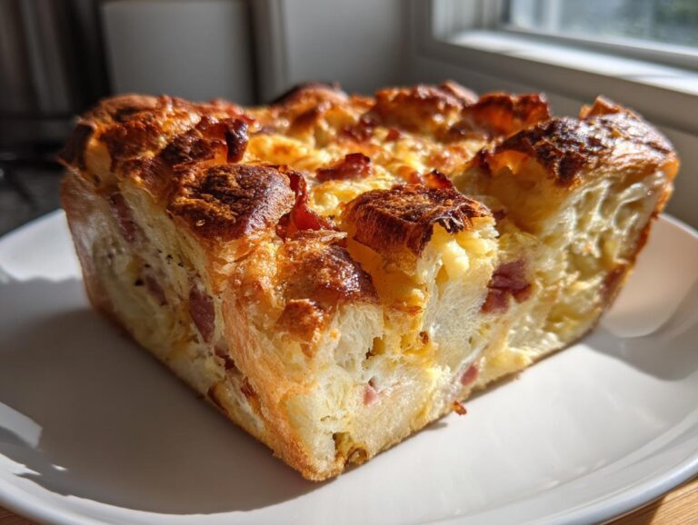 A golden-brown slice of Croissant Breakfast Casserole with visible layers of flaky pastry and savory filling.