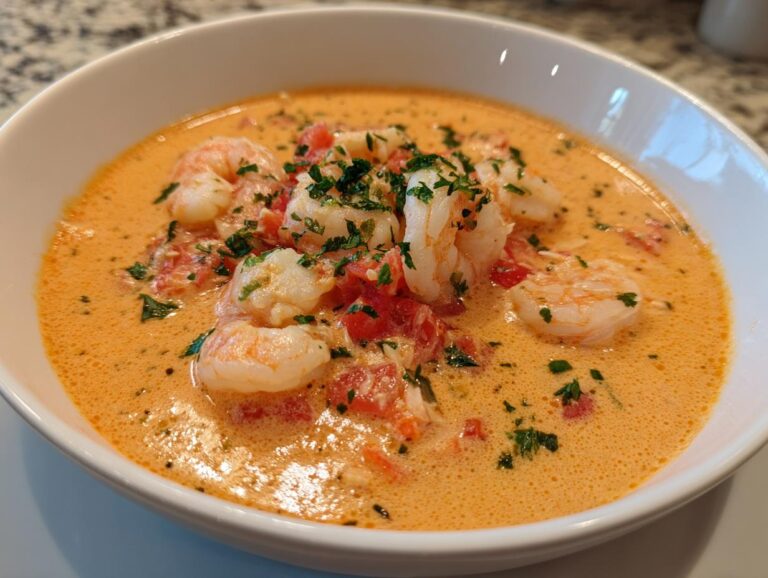 A close-up of an elegant seafood soup featuring plump shrimp in a creamy, orange-hued broth topped with diced tomatoes and parsley.