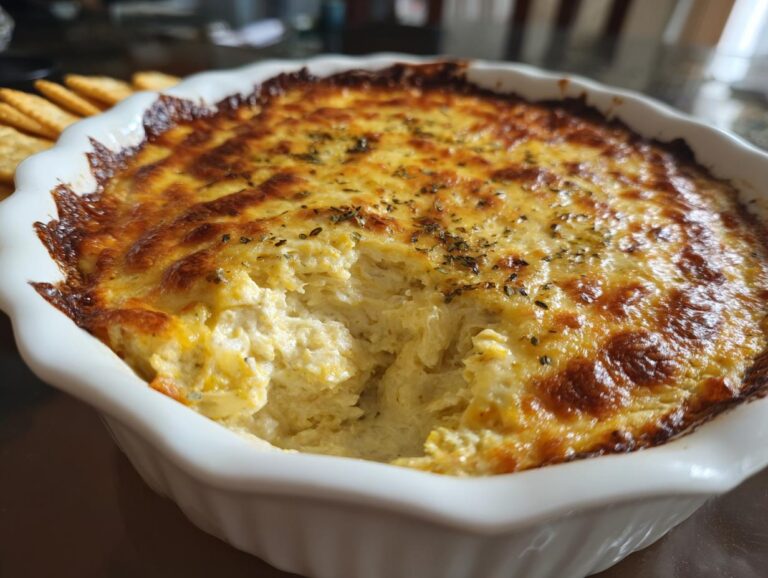 Close-up of creamy, baked hot crab dip in a white dish with a deeply browned, cheesy top.