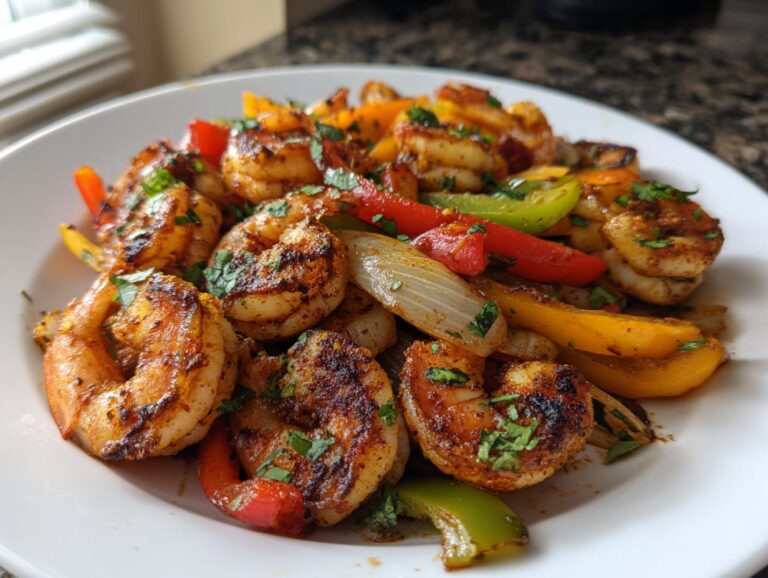 Close-up of seasoned and grilled shrimp fajitas with colorful bell peppers and onions on a white plate.