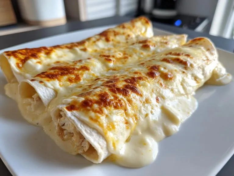 Three rolled white chicken enchiladas covered in creamy white sauce and browned, melted cheese.