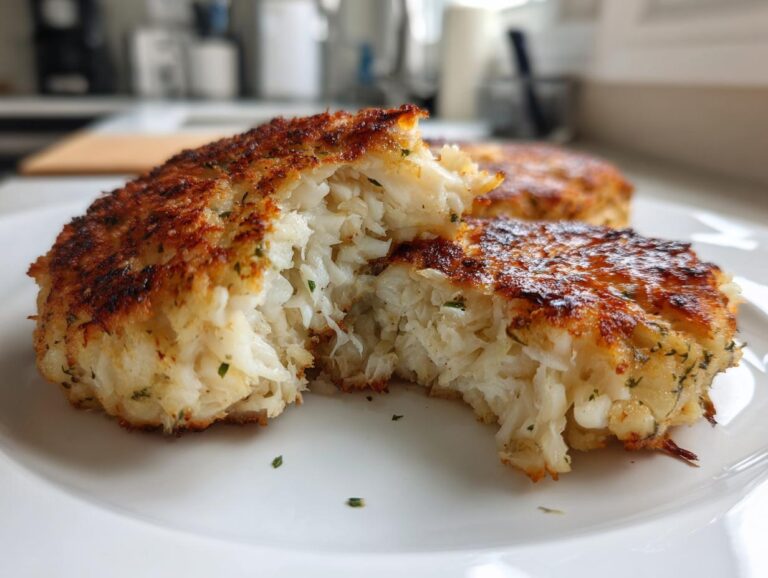 Close-up of a golden-brown Maryland crab cake broken open to show large chunks of white crab meat inside.