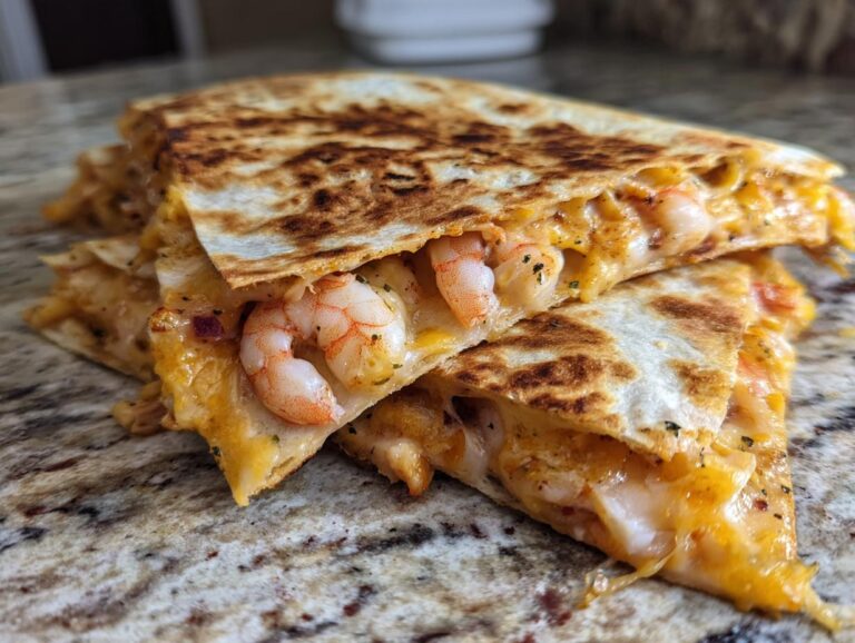 Close-up of stacked, golden-brown shrimp quesadilla wedges oozing melted cheese and visible shrimp pieces.