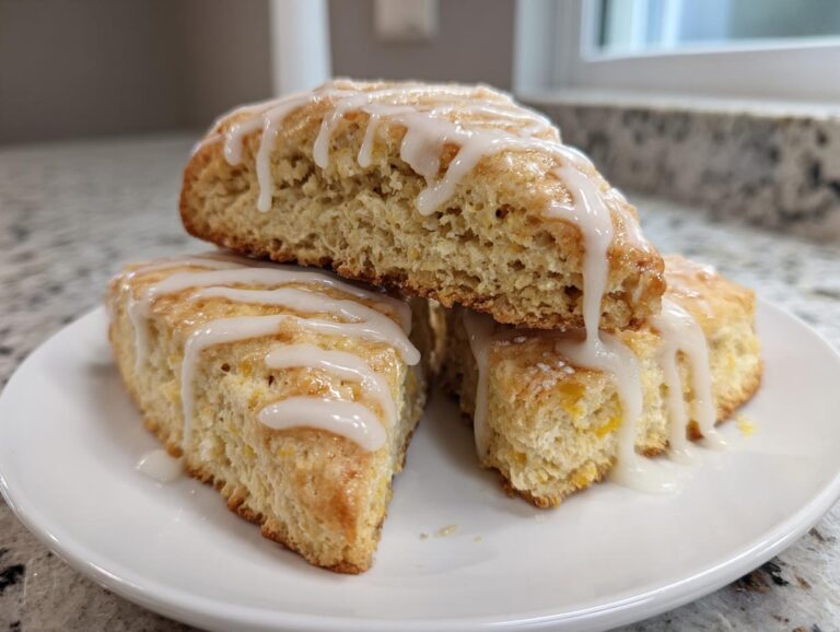 Three fluffy lemon scones stacked on a white plate, drizzled generously with white lemon icing.