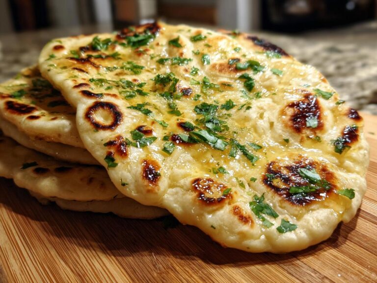 A stack of freshly made, fluffy naan bread brushed with melted butter and topped with chopped parsley.