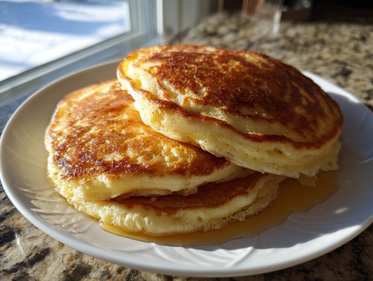 A stack of three incredibly fluffy pancakes drizzled with syrup, sitting on a white plate near a sunny window.