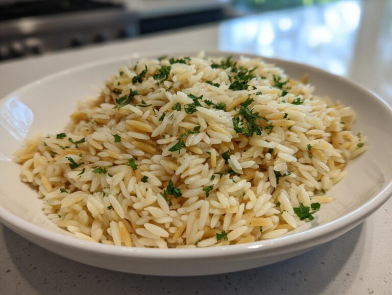 Close-up of fluffy rice pilaf made with orzo pasta, garnished with fresh chopped parsley.