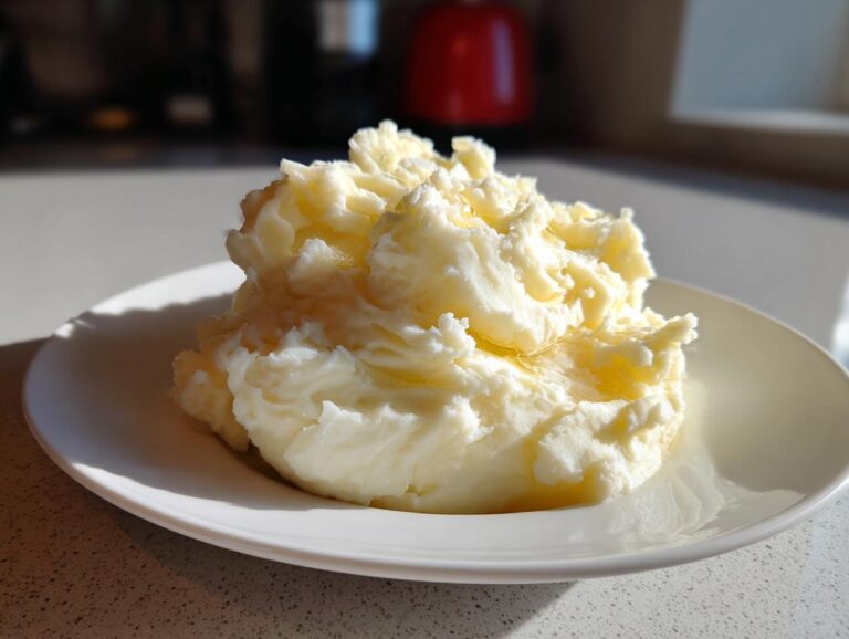 A mound of creamy, fluffy slow cooker mashed potatoes topped with melted butter on a white plate.