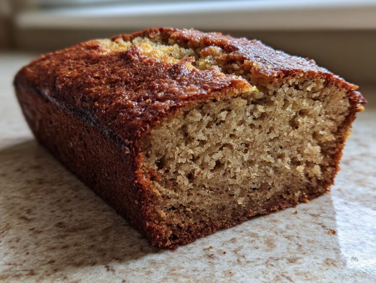 Close-up of a freshly baked, moist zucchini banana bread loaf showing its fluffy texture and golden-brown crust.