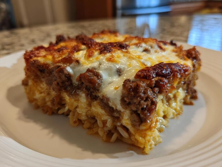A close-up serving of french onion ground beef and rice casserole with a browned, cheesy topping.