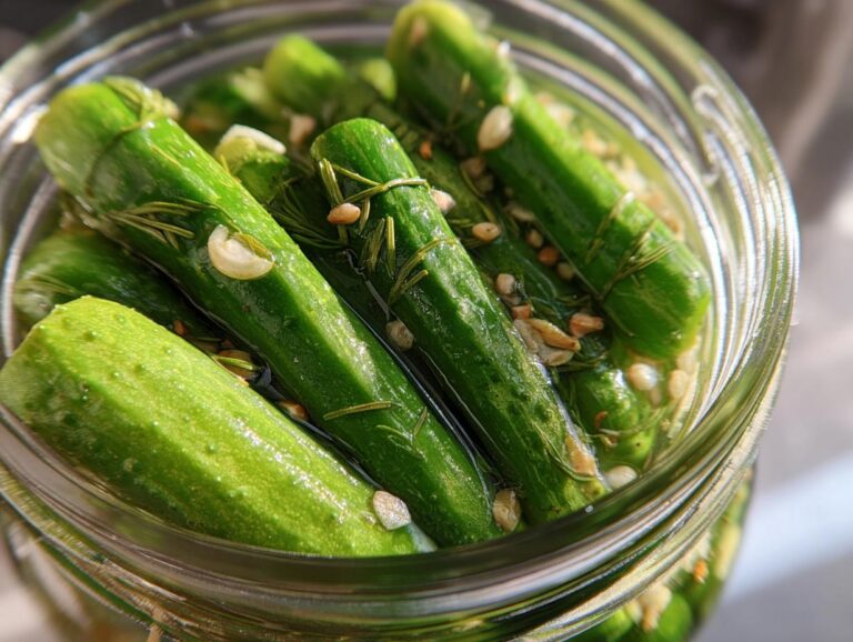 Close-up of fresh, bright green refrigerator pickles packed tightly in a glass jar with garlic cloves and dill sprigs.