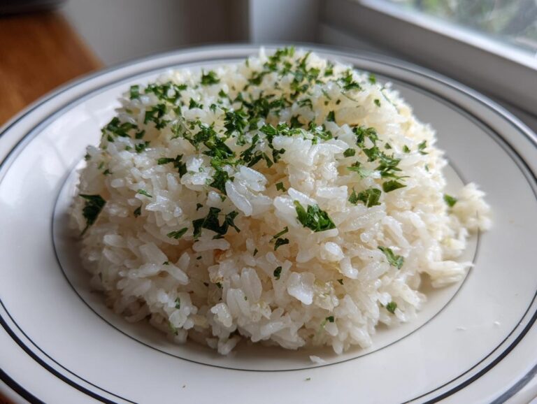 A mound of fluffy garlic butter rice topped generously with chopped fresh parsley, served on a white plate.