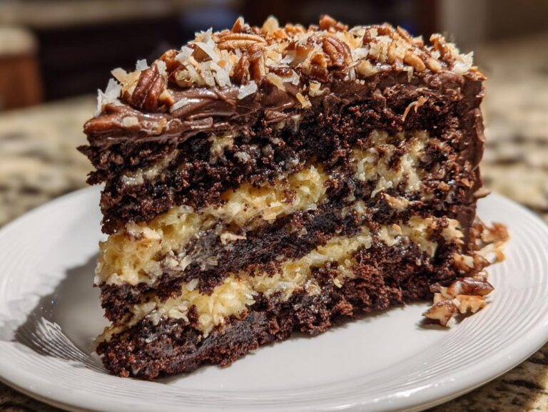 Close-up of a decadent slice of german chocolate cake recipe with three layers of dark chocolate cake and coconut-pecan filling.
