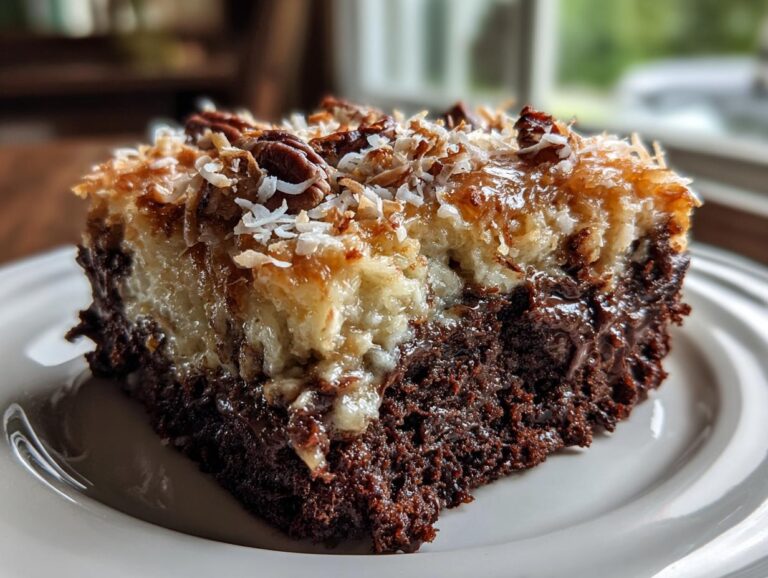 Close-up of a slice of german chocolate poke cake showing the rich chocolate base and gooey coconut pecan topping.