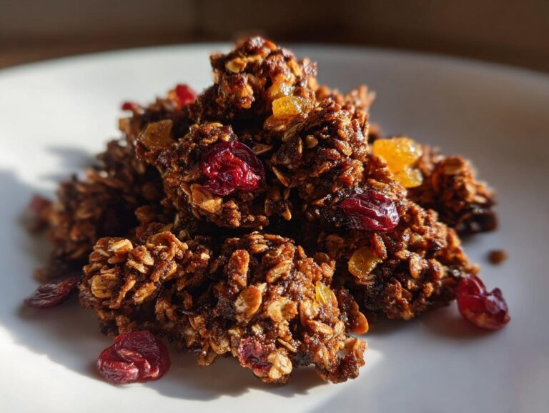 Close-up of dark, rich gingerbread granola clusters studded with dried cranberries and golden raisins on a white plate.