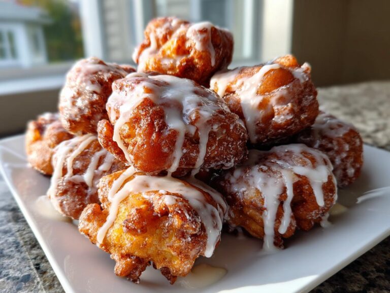 A close-up of a stack of golden brown, irregularly shaped apple fritter treats drizzled with white vanilla glaze.