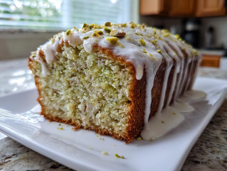 A slice of moist pistachio bread loaf topped with white glaze and chopped pistachios, sitting on a white plate.