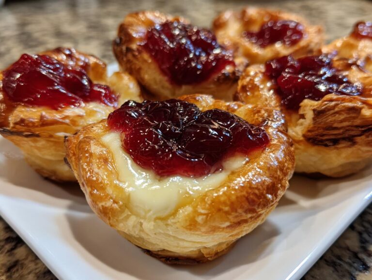 Close-up of several golden baked brie bites topped with melted brie and dark red jam.