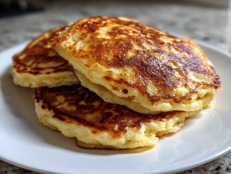 A close-up stack of three golden-brown, fluffy banana pancakes served on a white plate.