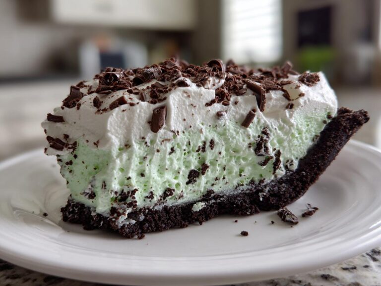A close-up of a perfect slice of grasshopper pie featuring a dark chocolate crust, light green mint filling, and whipped topping with chocolate shavings.